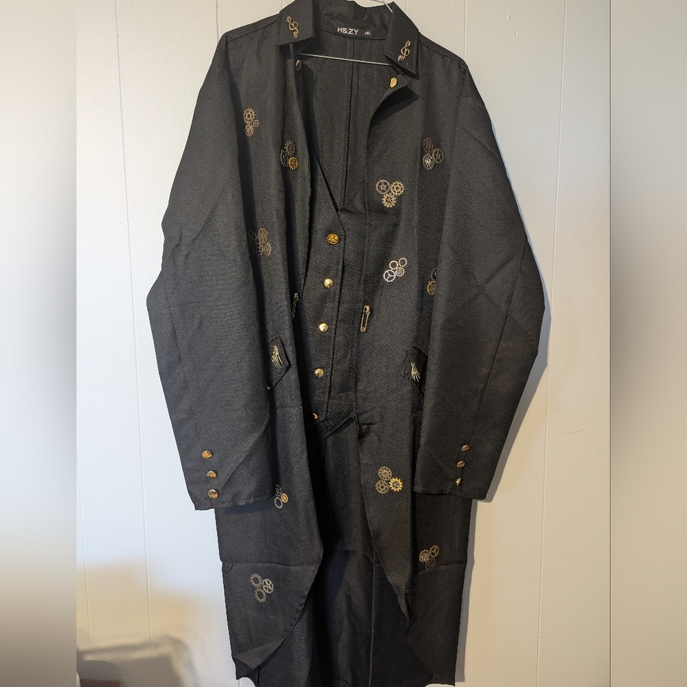 2XL Black Gothic Tailcoat with Gold Buttons &  Steampunk Accents